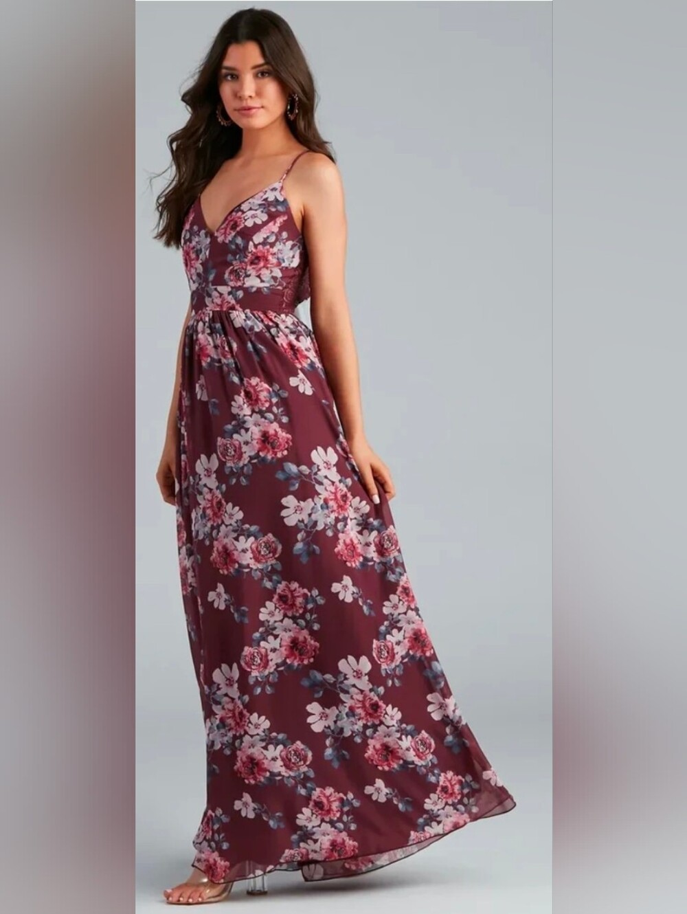 Windsor Burgundy Floral Spaghetti-Strap Maxi Dress